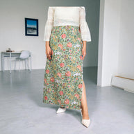 Olive Green Floral Hand Block Print Long Skirt