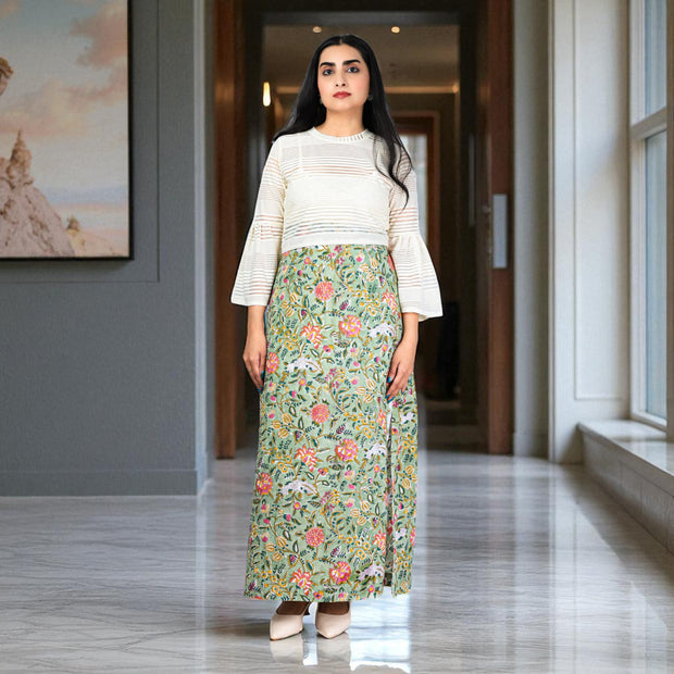 Olive Green Floral Hand Block Print Long Skirt