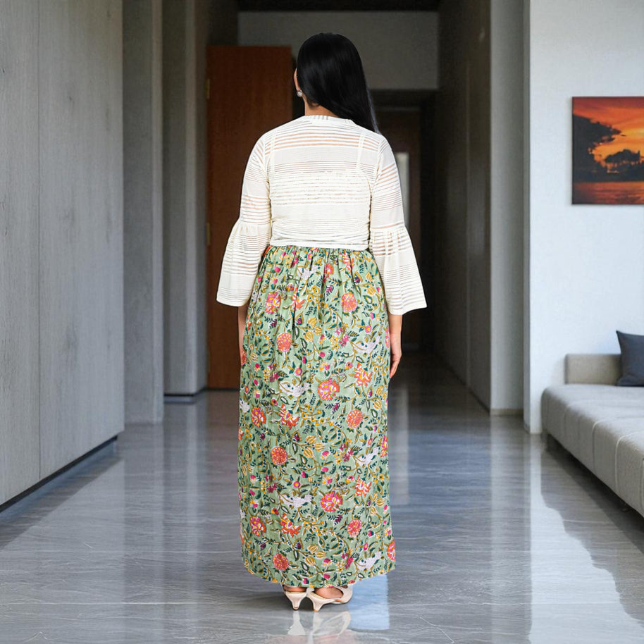 Olive Green Floral Hand Block Print Long Skirt