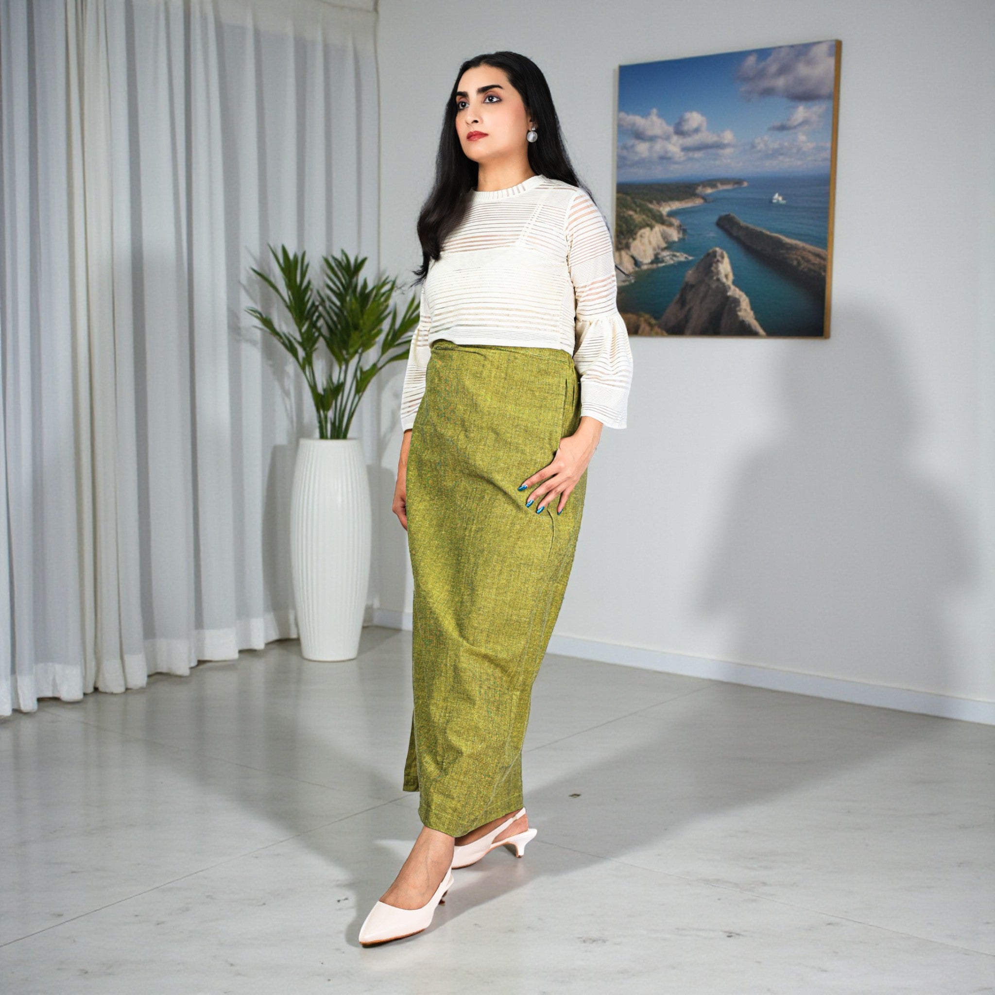 Green Handwoven Cotton Long Skirt