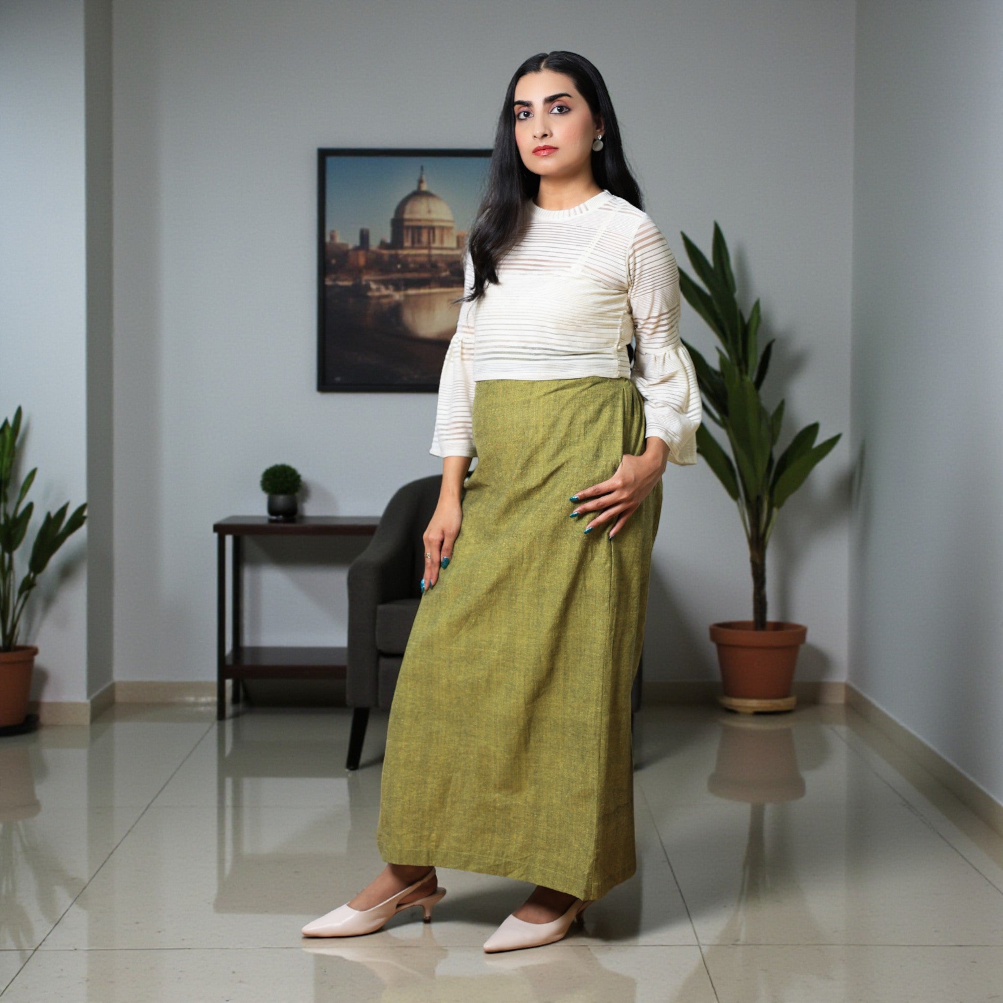 Green Handwoven Cotton Long Skirt