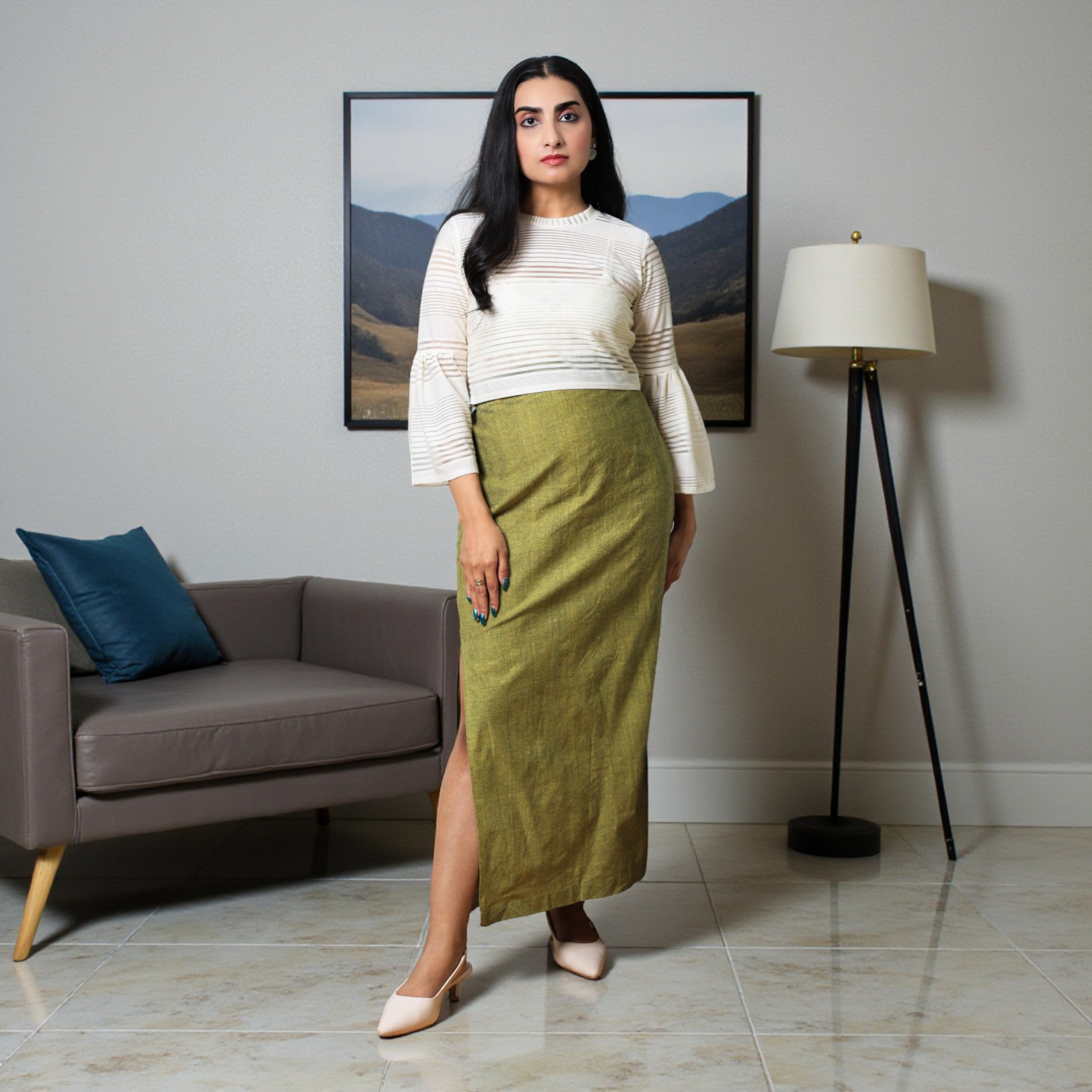 Green Handwoven Cotton Long Skirt