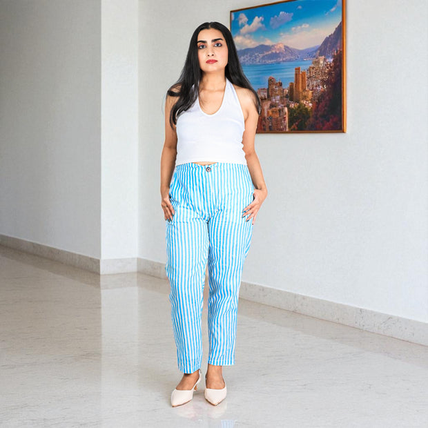 Hand Block Print Cotton Light Blue & White Stripe Pants