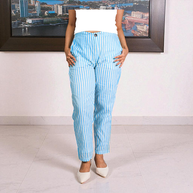 Hand Block Print Cotton Light Blue & White Stripe Pants