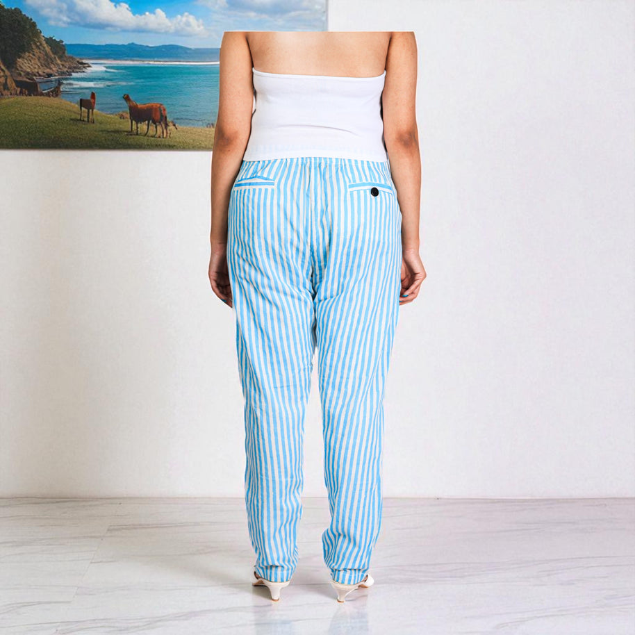 Hand Block Print Cotton Light Blue & White Stripe Pants