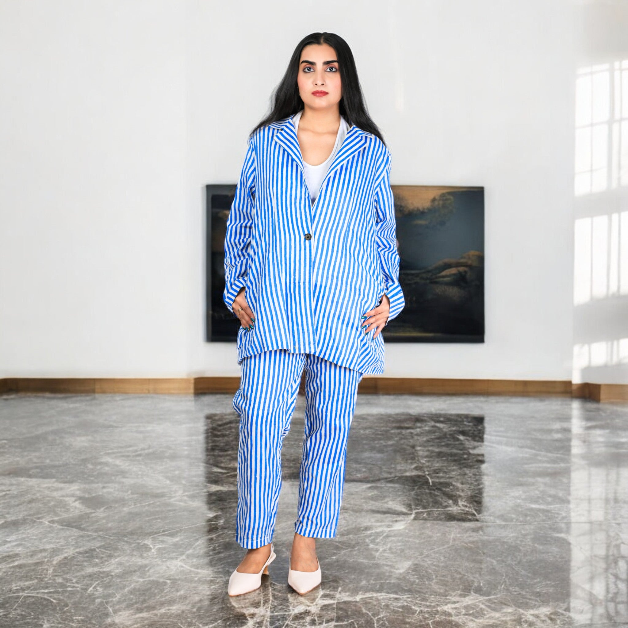 HAND BLOCK PRINT SKY BLUE STRIPE BLAZER