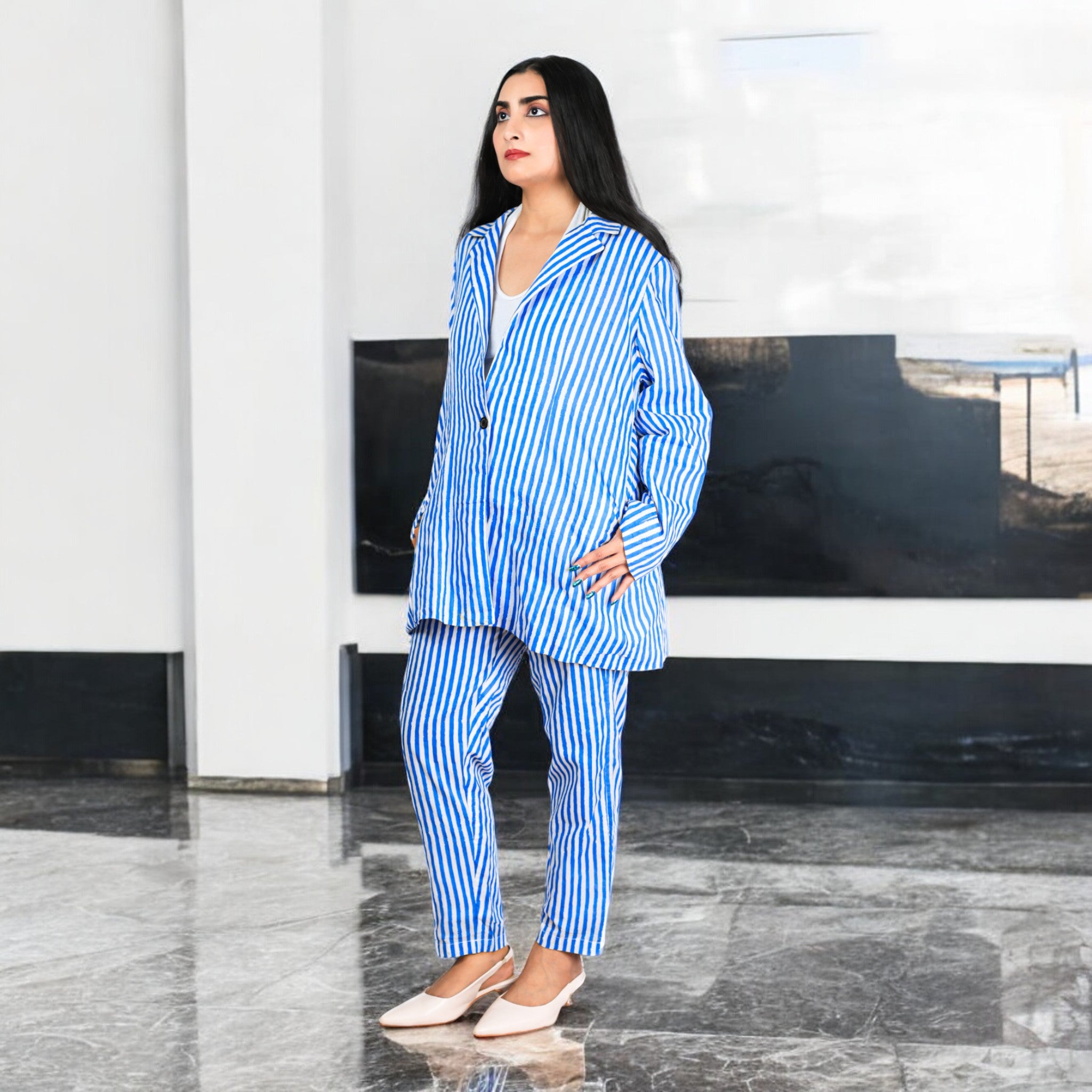 HAND BLOCK PRINT SKY BLUE STRIPE BLAZER