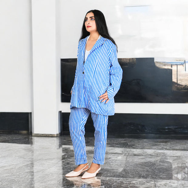 HAND BLOCK PRINT SKY BLUE STRIPE BLAZER