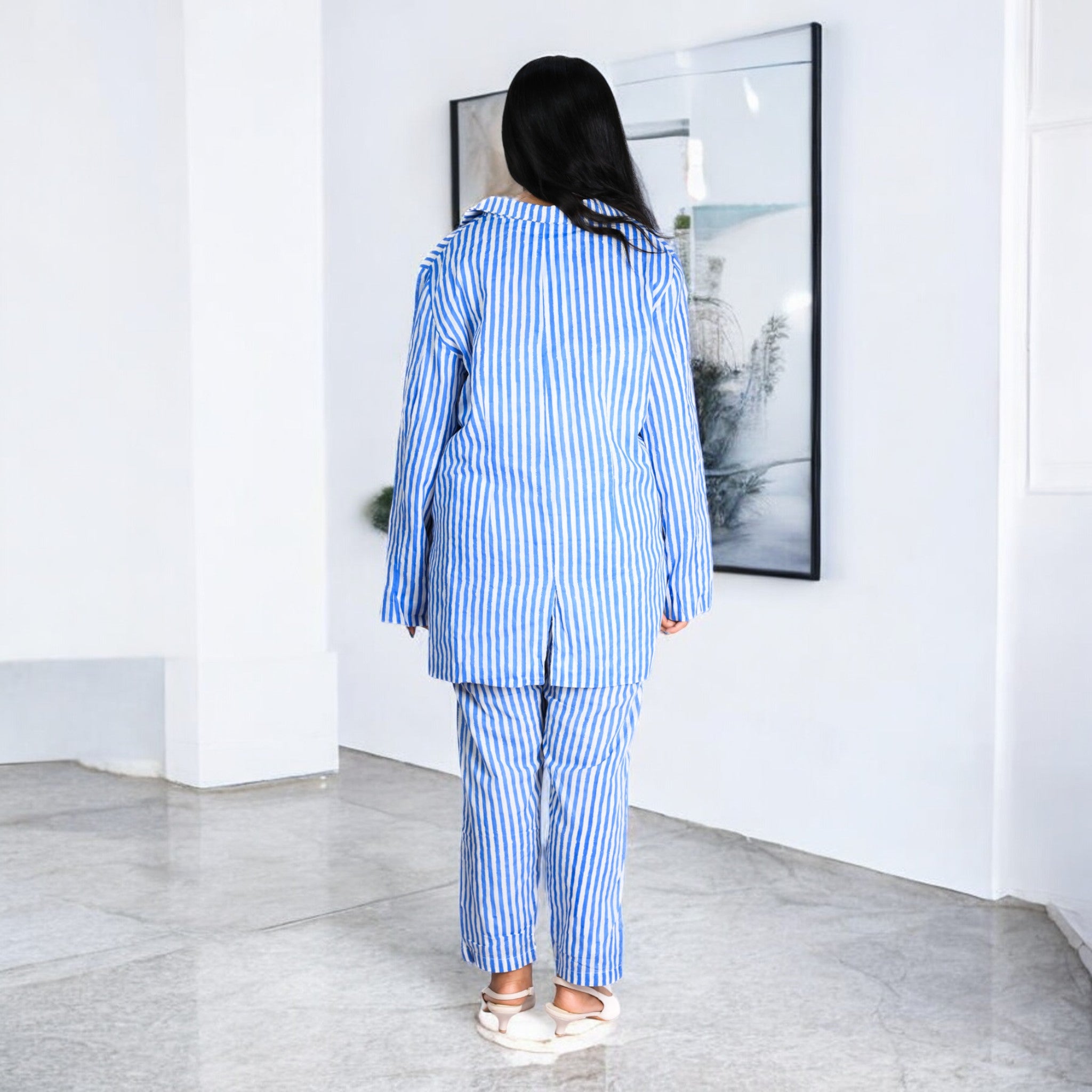 HAND BLOCK PRINT SKY BLUE STRIPE BLAZER