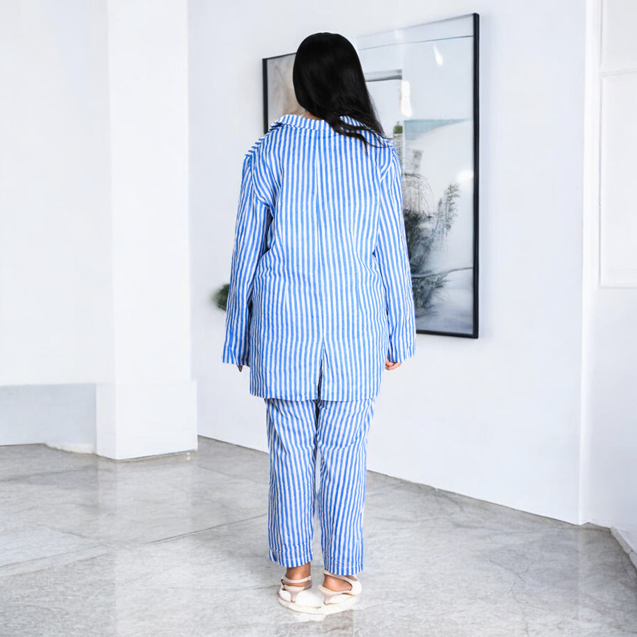 HAND BLOCK PRINT SKY BLUE STRIPE BLAZER