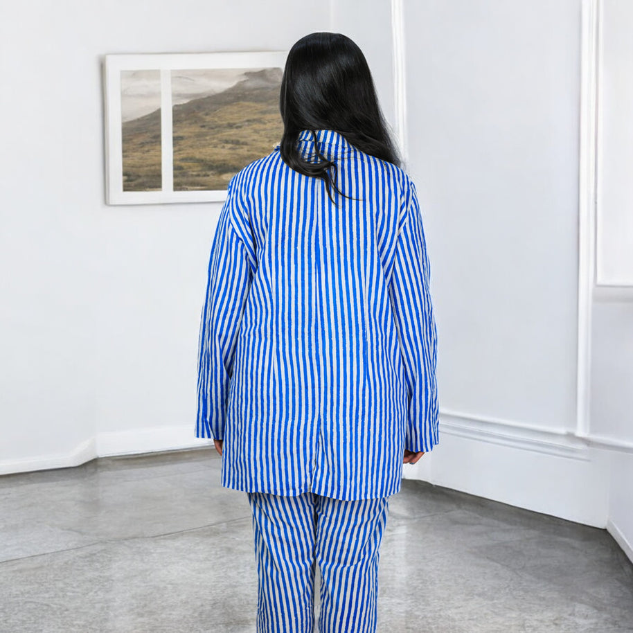 HAND BLOCK PRINT SKY BLUE STRIPE BLAZER