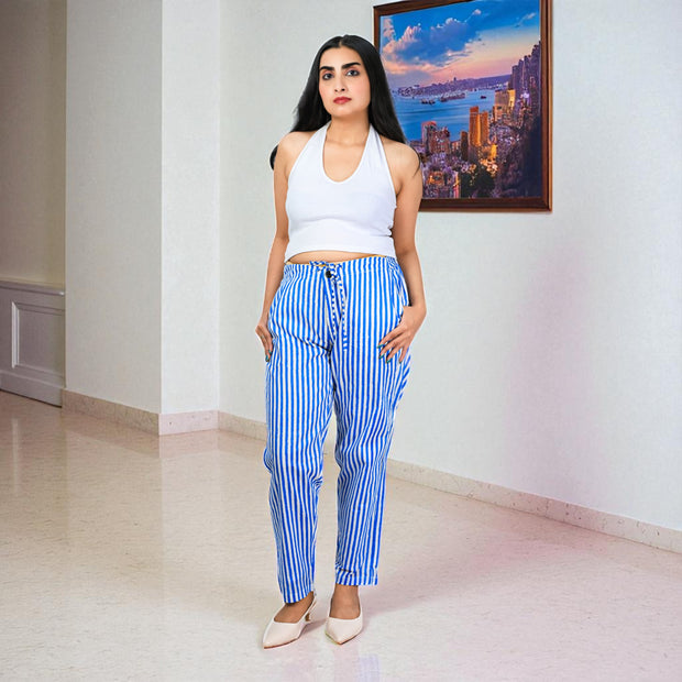 Hand Block Print Cotton Sky Blue & White Stripe Pants