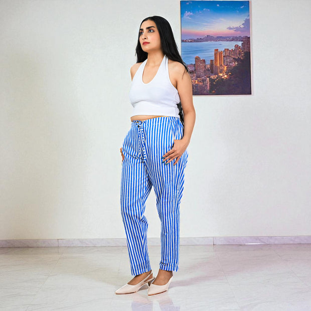 Hand Block Print Cotton Sky Blue & White Stripe Pants