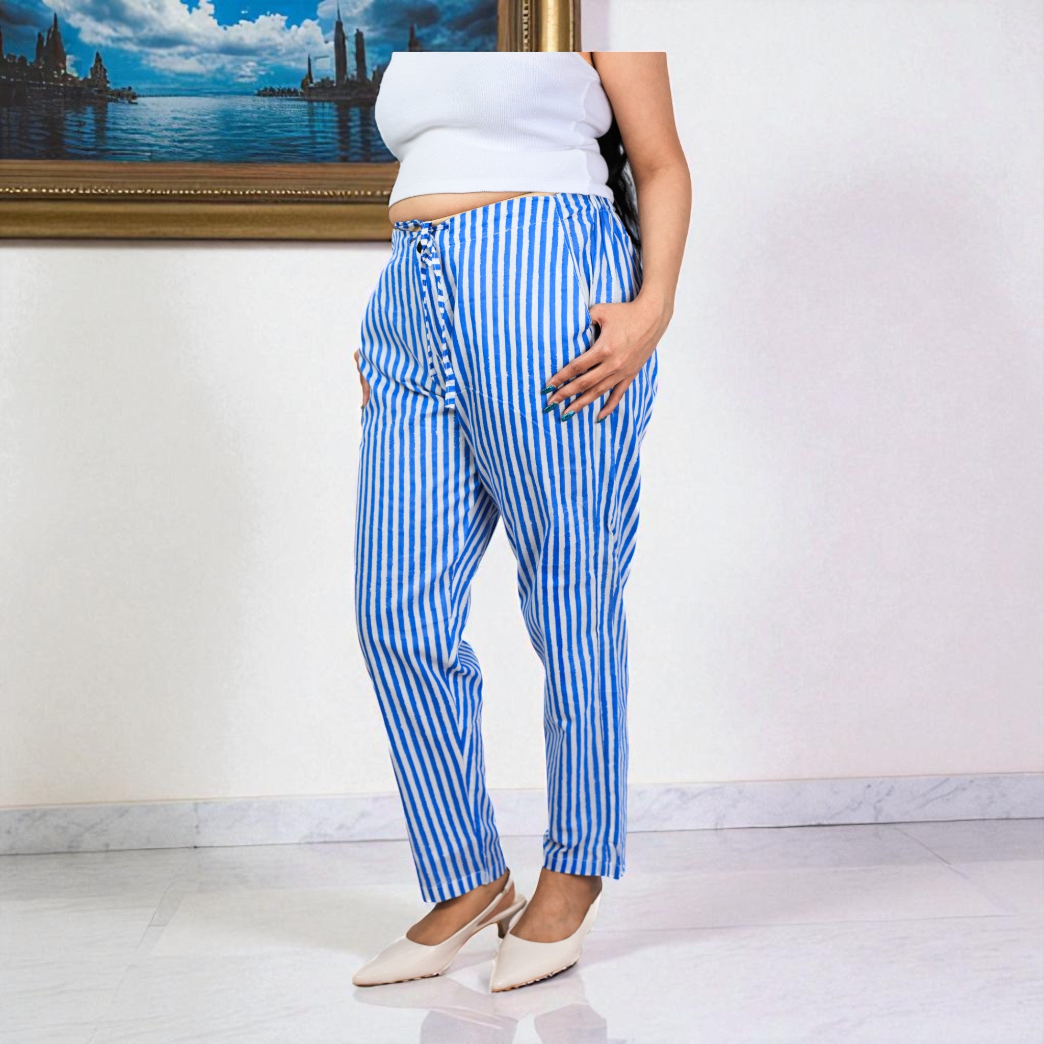 Hand Block Print Cotton Sky Blue & White Stripe Pants