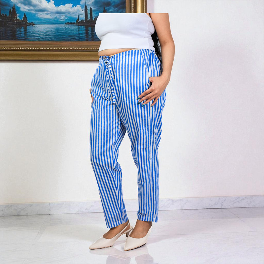 Hand Block Print Cotton Sky Blue & White Stripe Pants