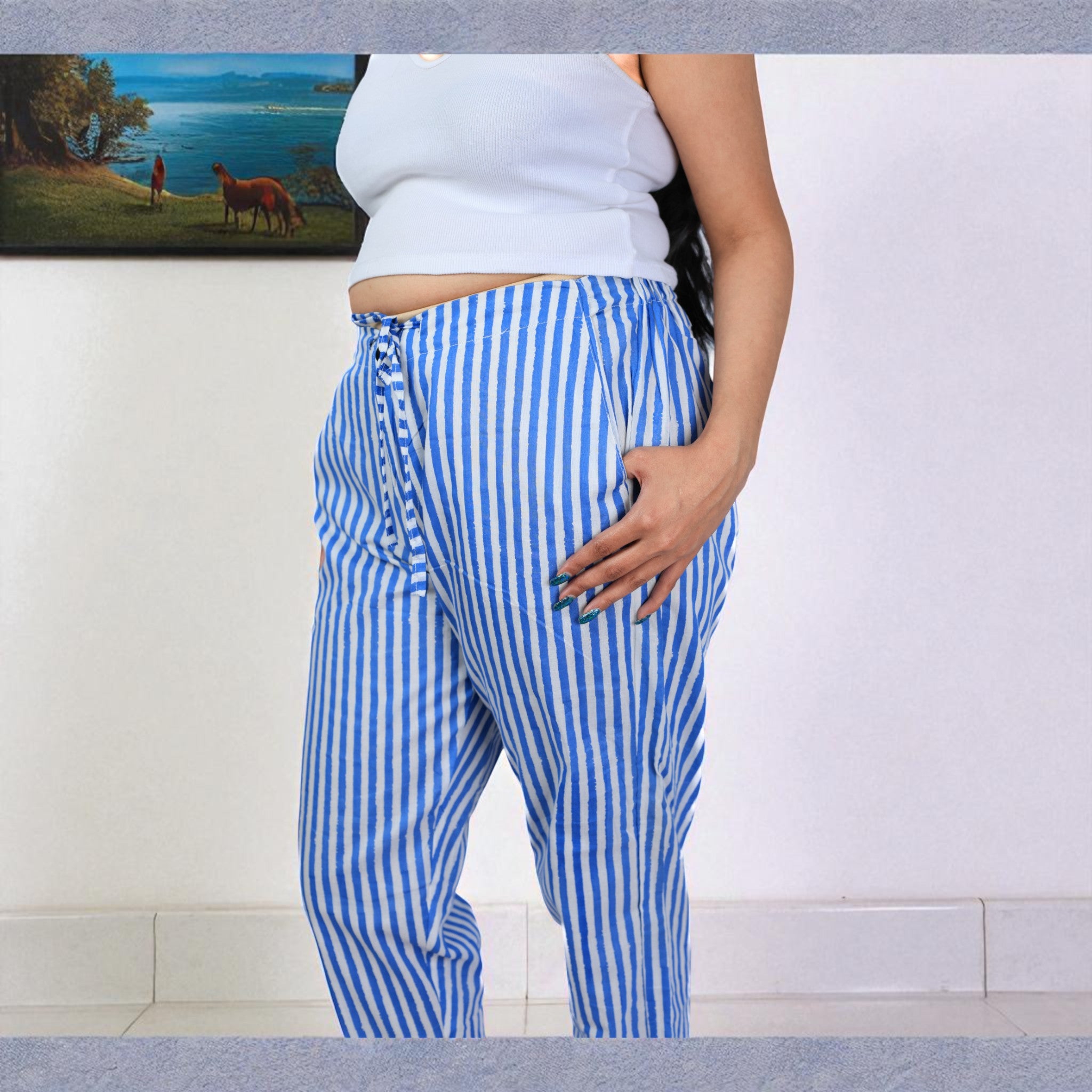 Hand Block Print Cotton Sky Blue & White Stripe Pants