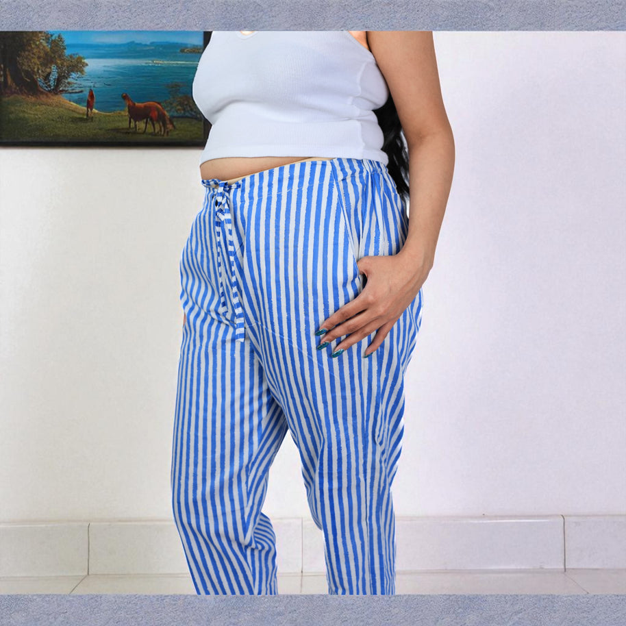 Hand Block Print Cotton Sky Blue & White Stripe Pants