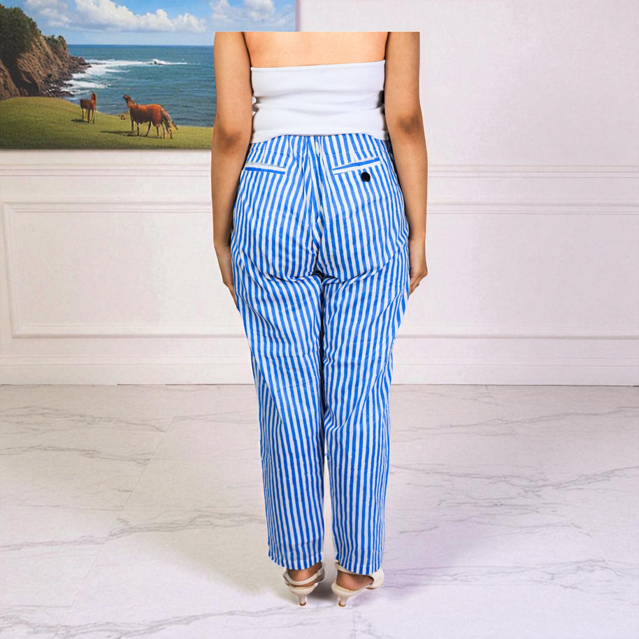 Hand Block Print Cotton Sky Blue & White Stripe Pants