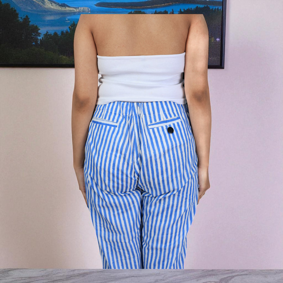 Hand Block Print Cotton Sky Blue & White Stripe Pants
