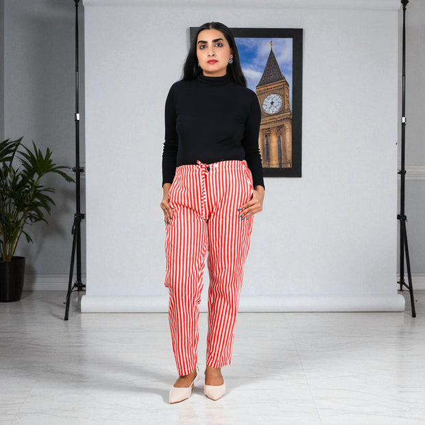 Hand Block Print Cotton Red & White Stripe Pants