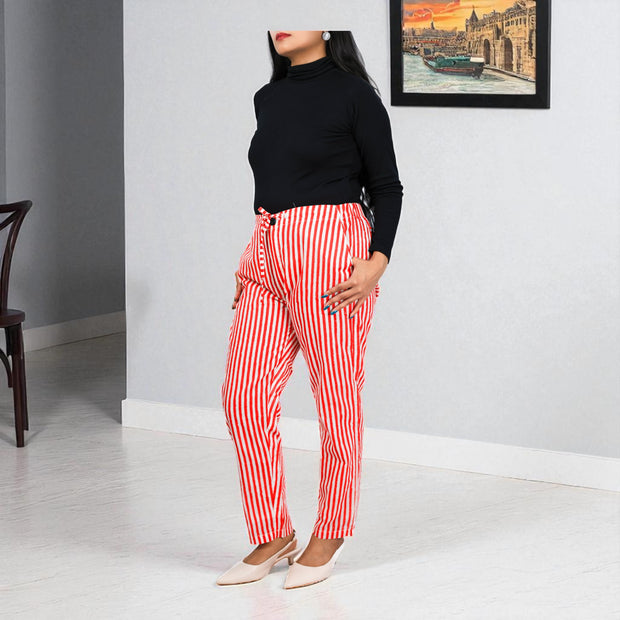 Hand Block Print Cotton Red & White Stripe Pants