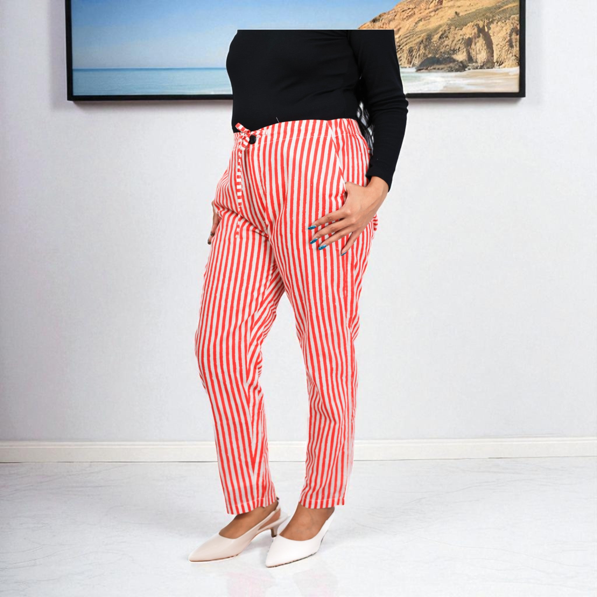 Hand Block Print Cotton Red & White Stripe Pants