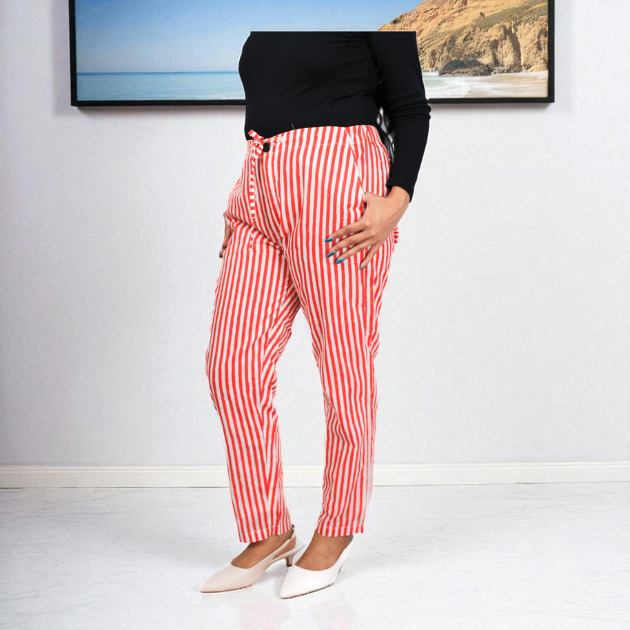 Hand Block Print Cotton Red & White Stripe Pants