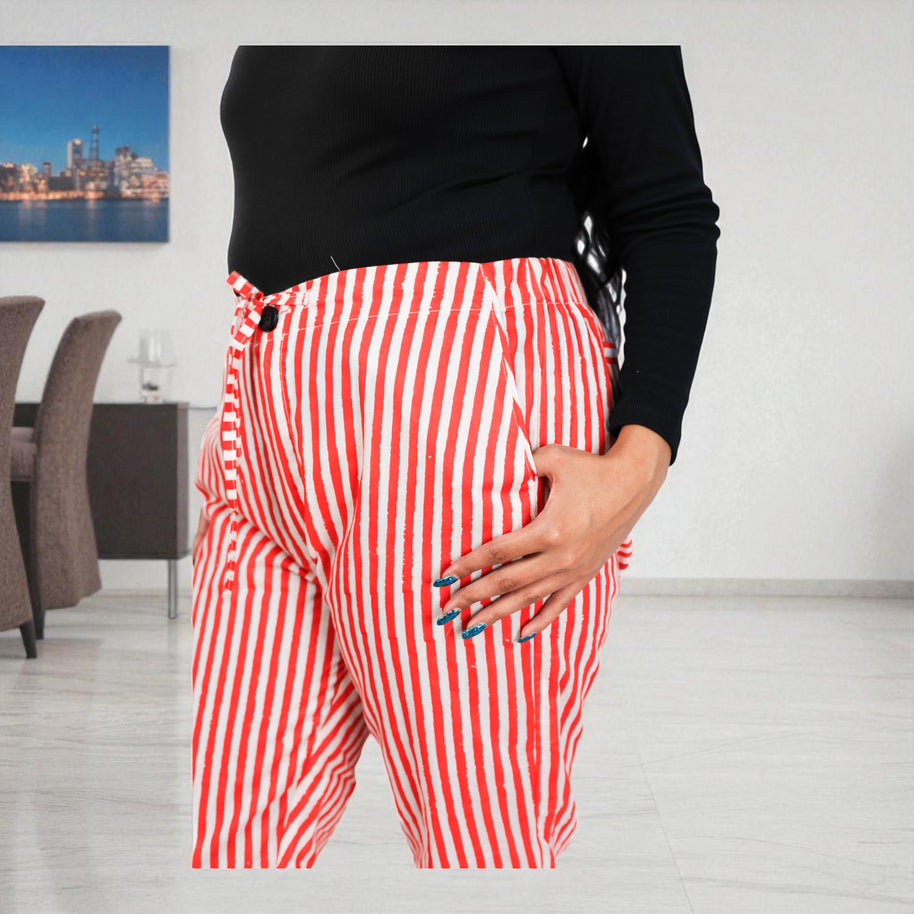 Hand Block Print Cotton Red & White Stripe Pants