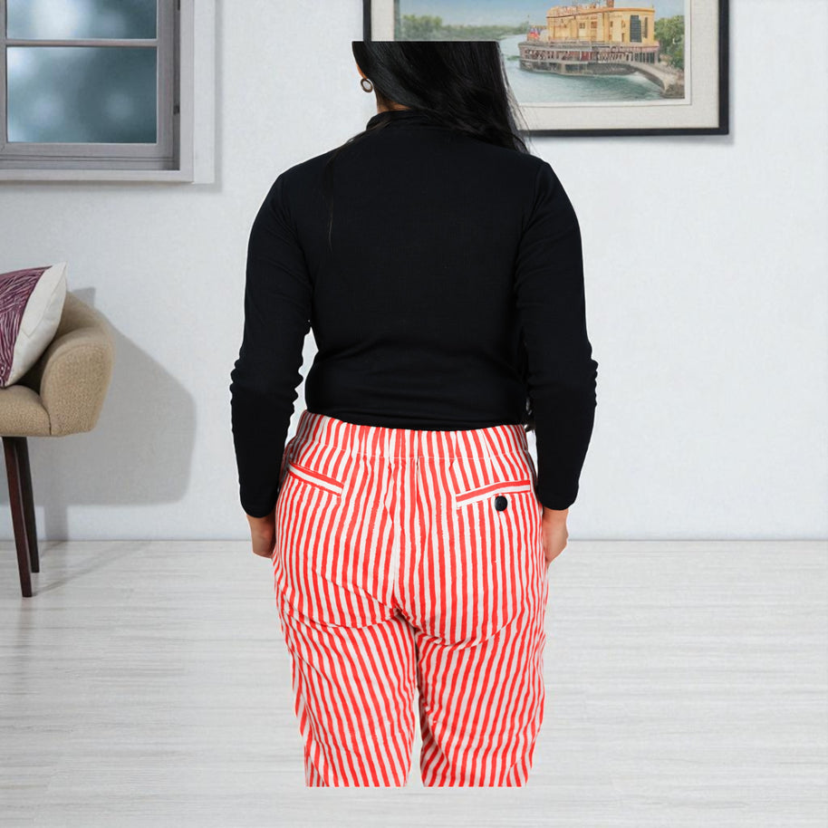 Hand Block Print Cotton Red & White Stripe Pants