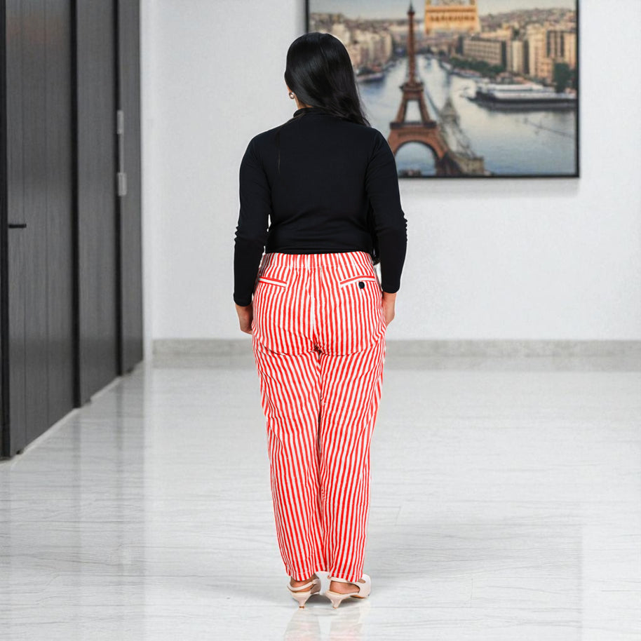 Hand Block Print Cotton Red & White Stripe Pants
