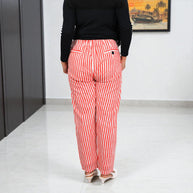 Hand Block Print Cotton Red & White Stripe Pants