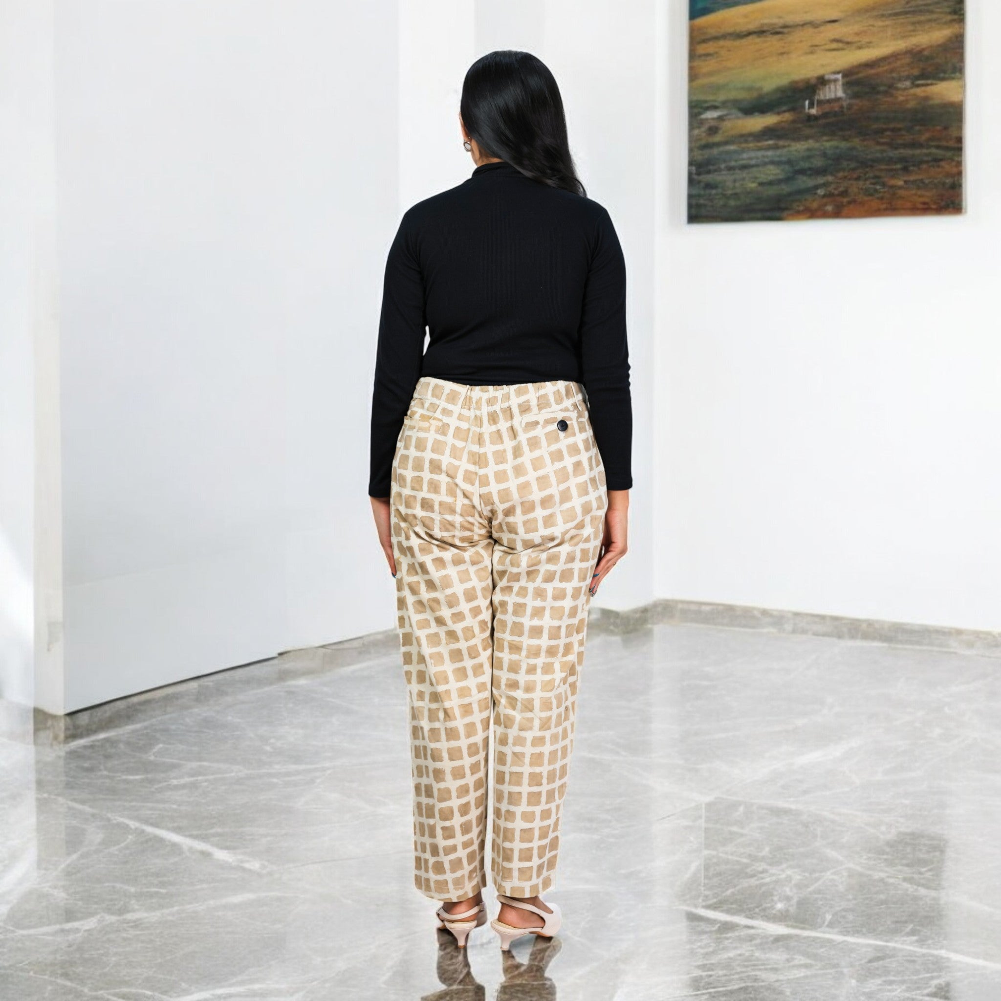 Hand Block Print Cotton Warm Tan Brown Check Pants