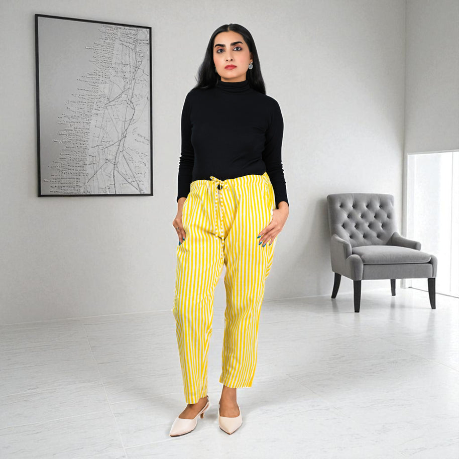 Hand Block Print Cotton Yellow & White Stripe Pants