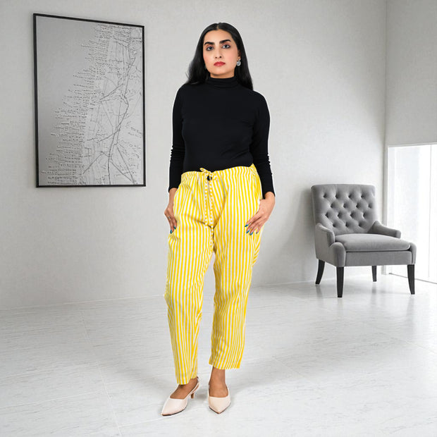 Hand Block Print Cotton Yellow & White Stripe Pants
