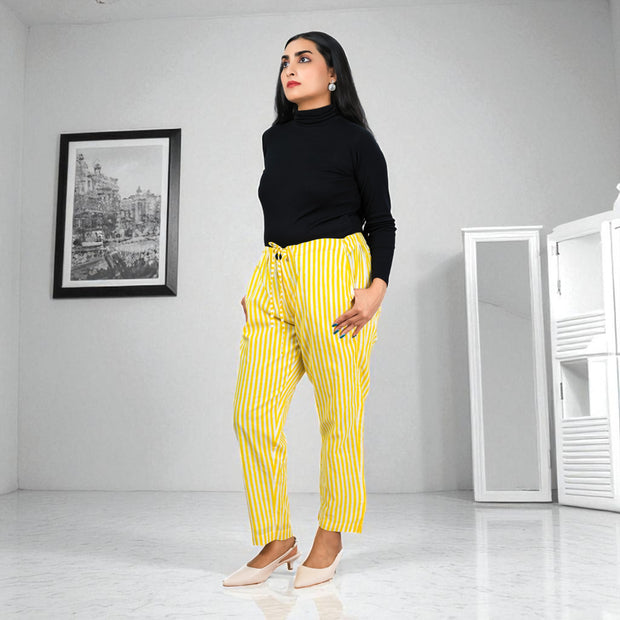 Hand Block Print Cotton Yellow & White Stripe Pants