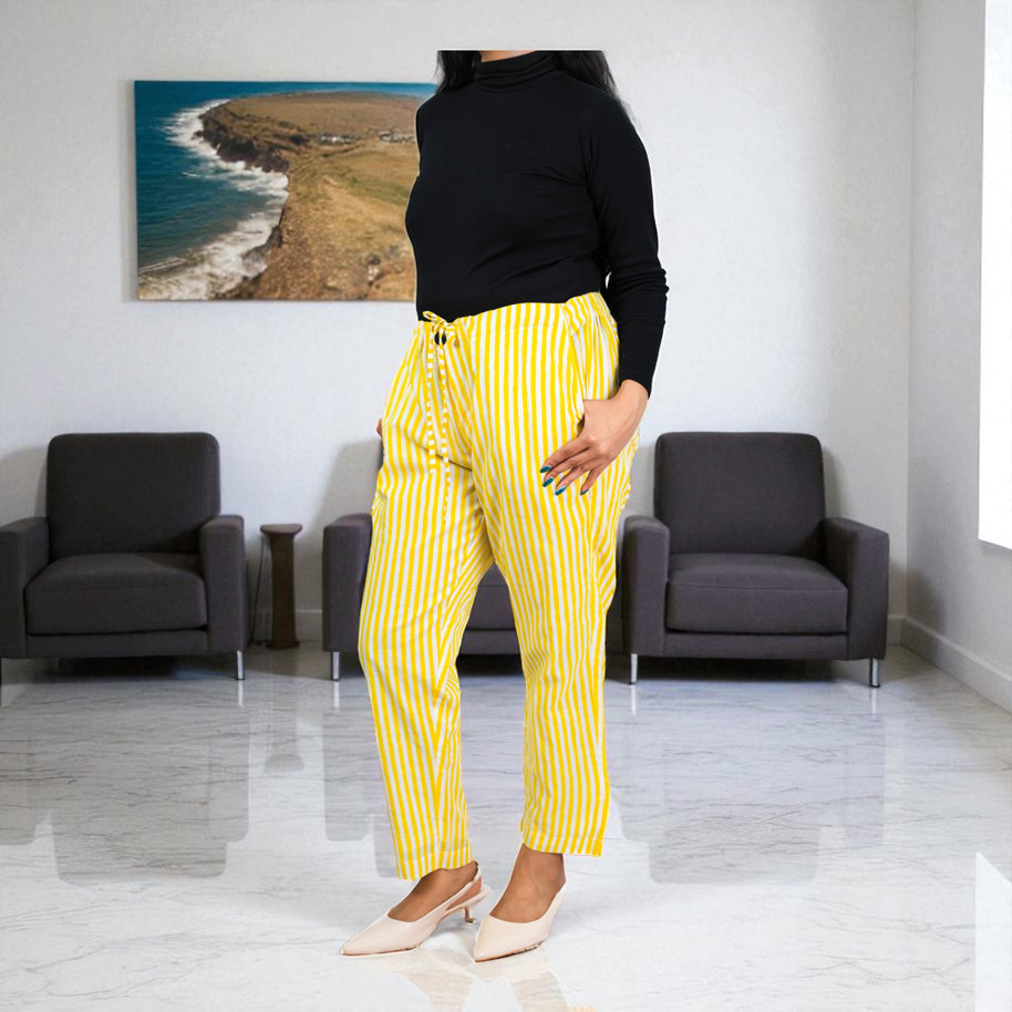 Hand Block Print Cotton Yellow & White Stripe Pants