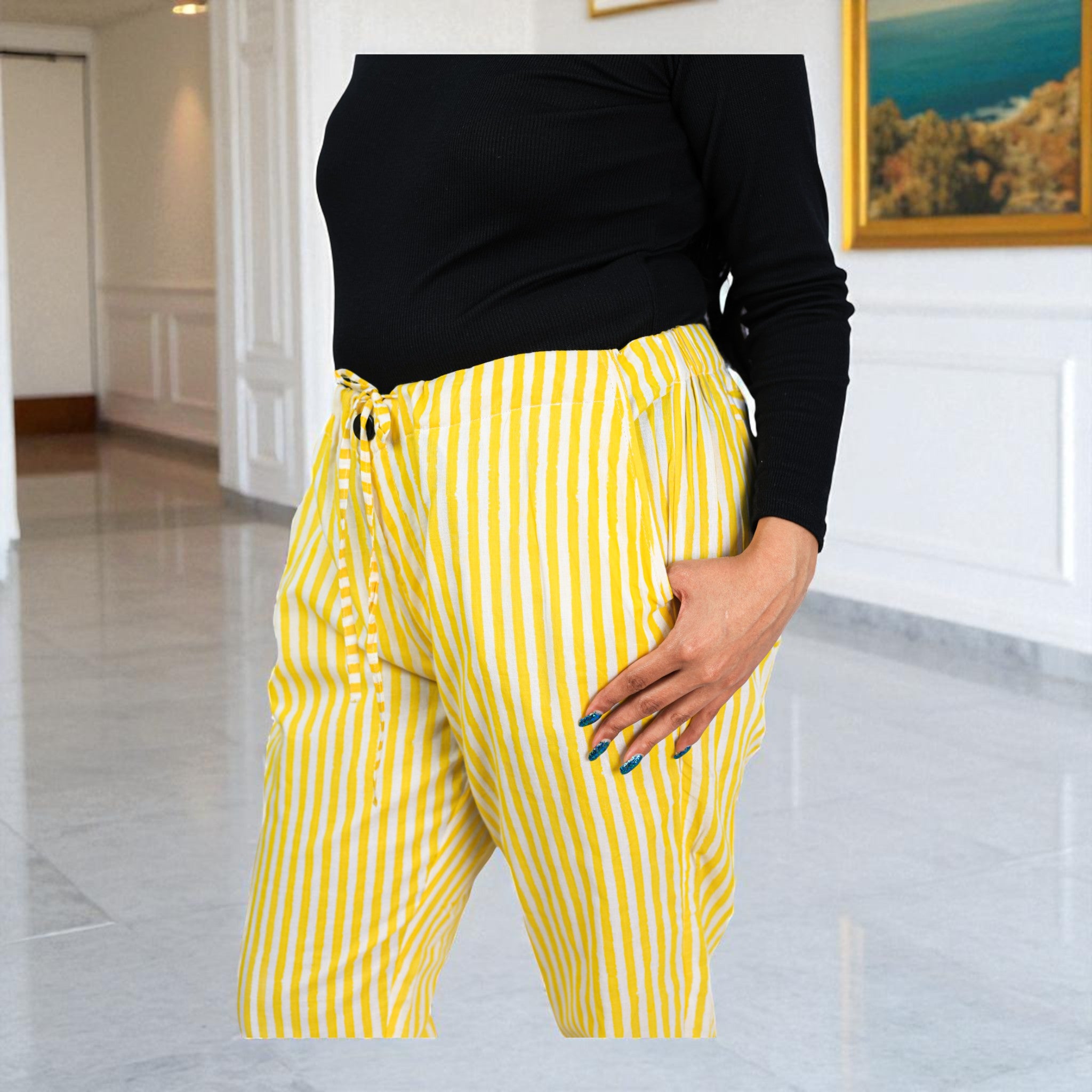 Hand Block Print Cotton Yellow & White Stripe Pants
