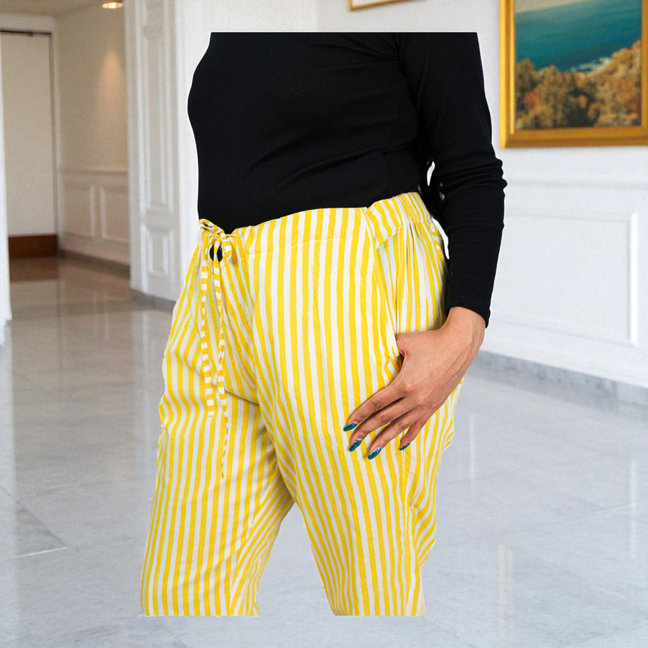 Hand Block Print Cotton Yellow & White Stripe Pants