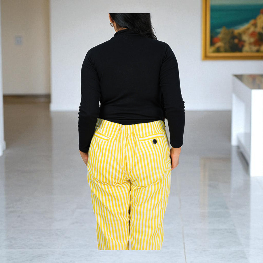Hand Block Print Cotton Yellow & White Stripe Pants