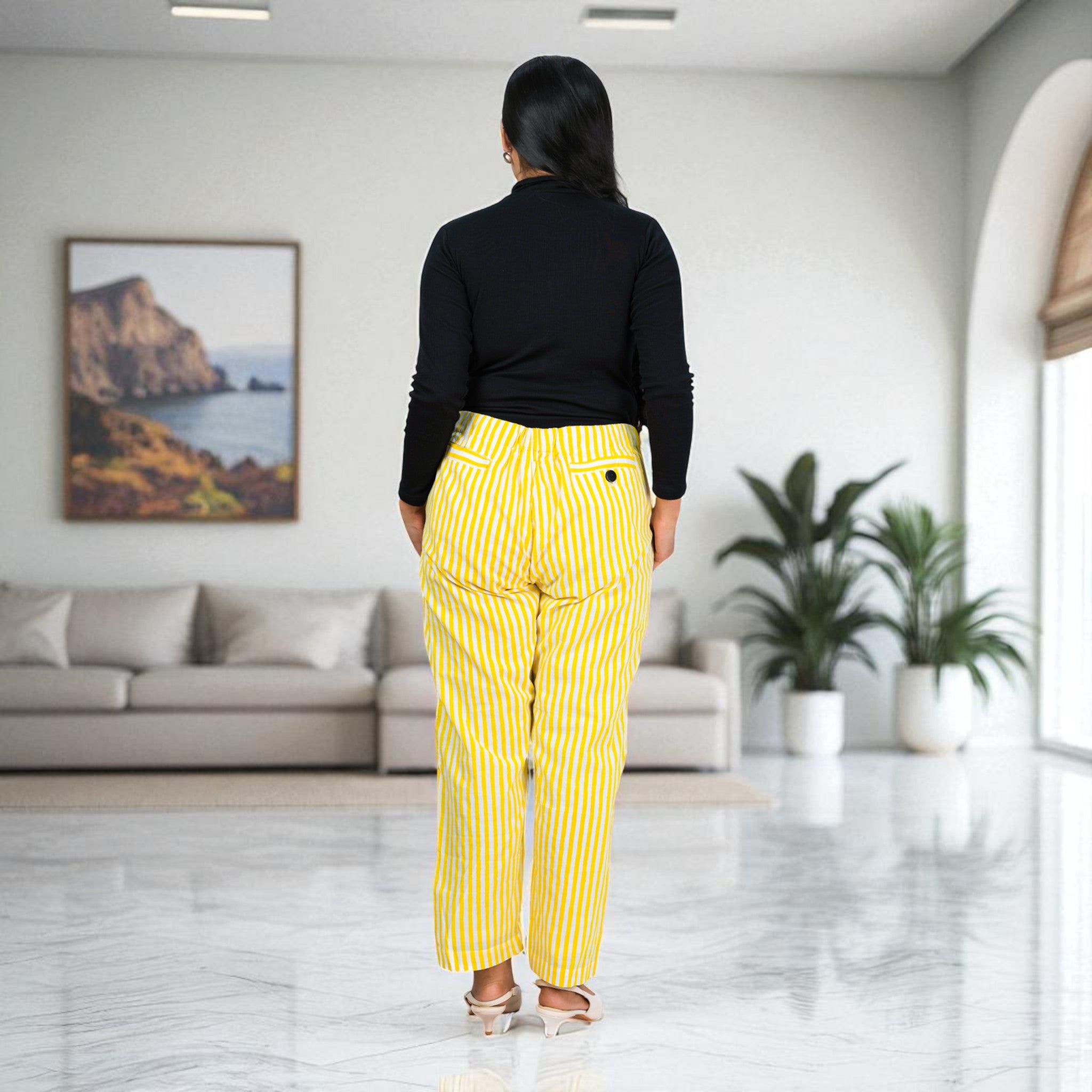 Hand Block Print Cotton Yellow & White Stripe Pants