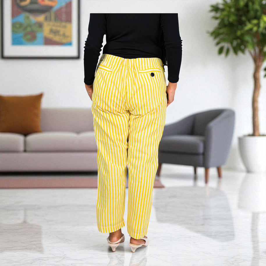 Hand Block Print Cotton Yellow & White Stripe Pants