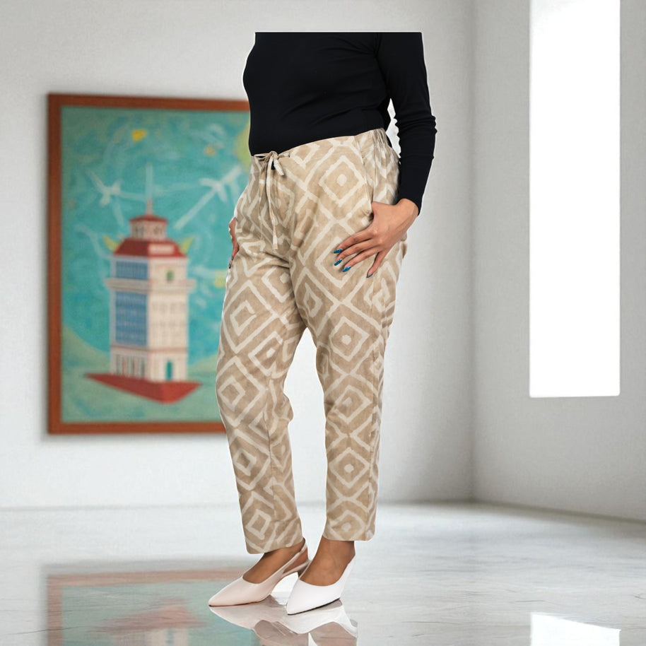 Hand Block Print Cotton Warm Tan Brown Pattern Pants
