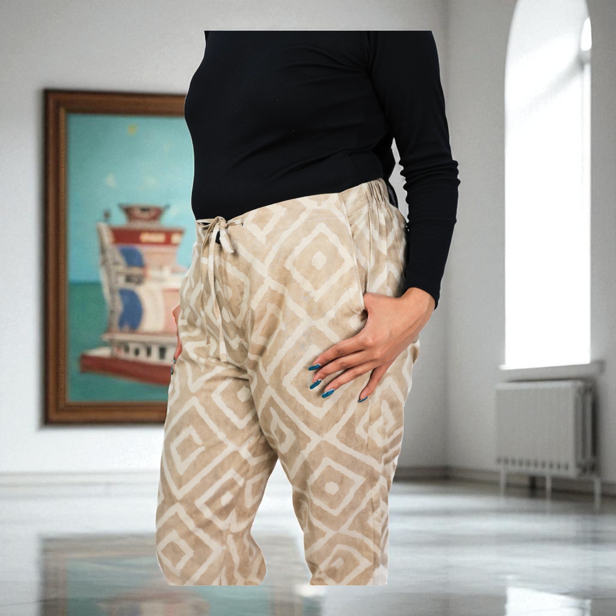 Hand Block Print Cotton Warm Tan Brown Pattern Pants