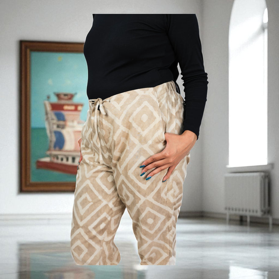 Hand Block Print Cotton Warm Tan Brown Pattern Pants