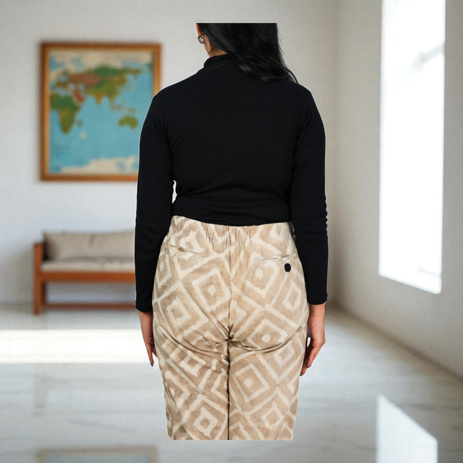 Hand Block Print Cotton Warm Tan Brown Pattern Pants