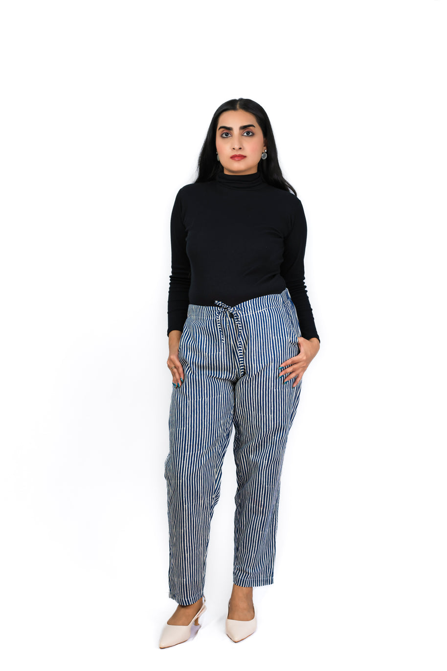 Hand Block Print Cotton Navy Blue & White Stripe Pants