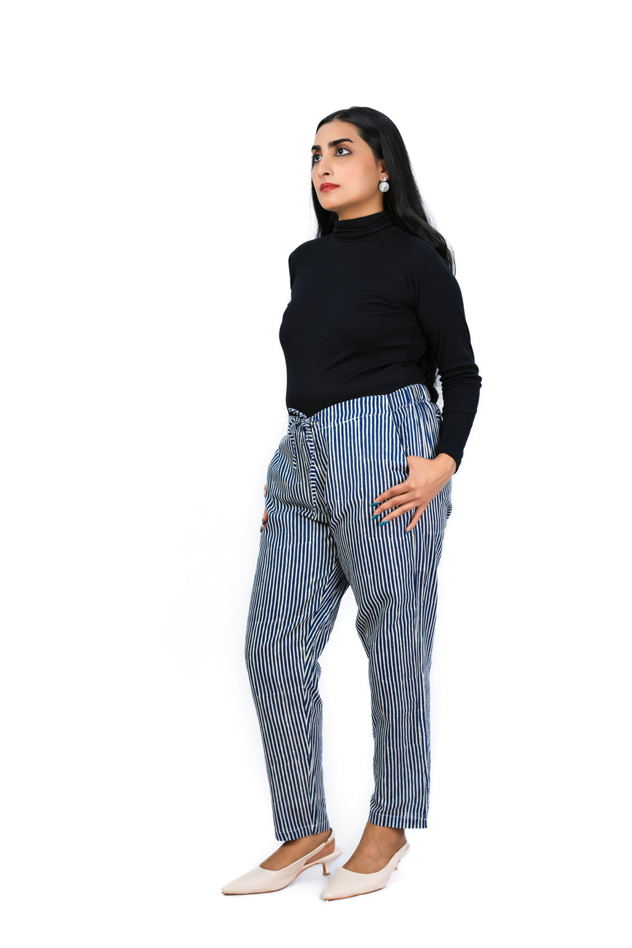 Hand Block Print Cotton Navy Blue & White Stripe Pants