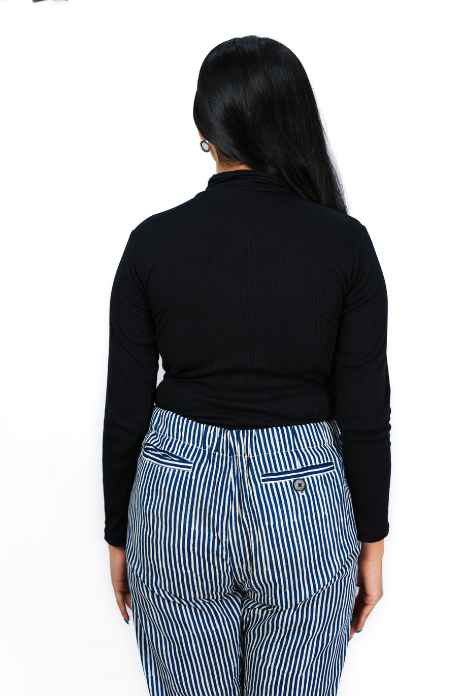 Hand Block Print Cotton Navy Blue & White Stripe Pants