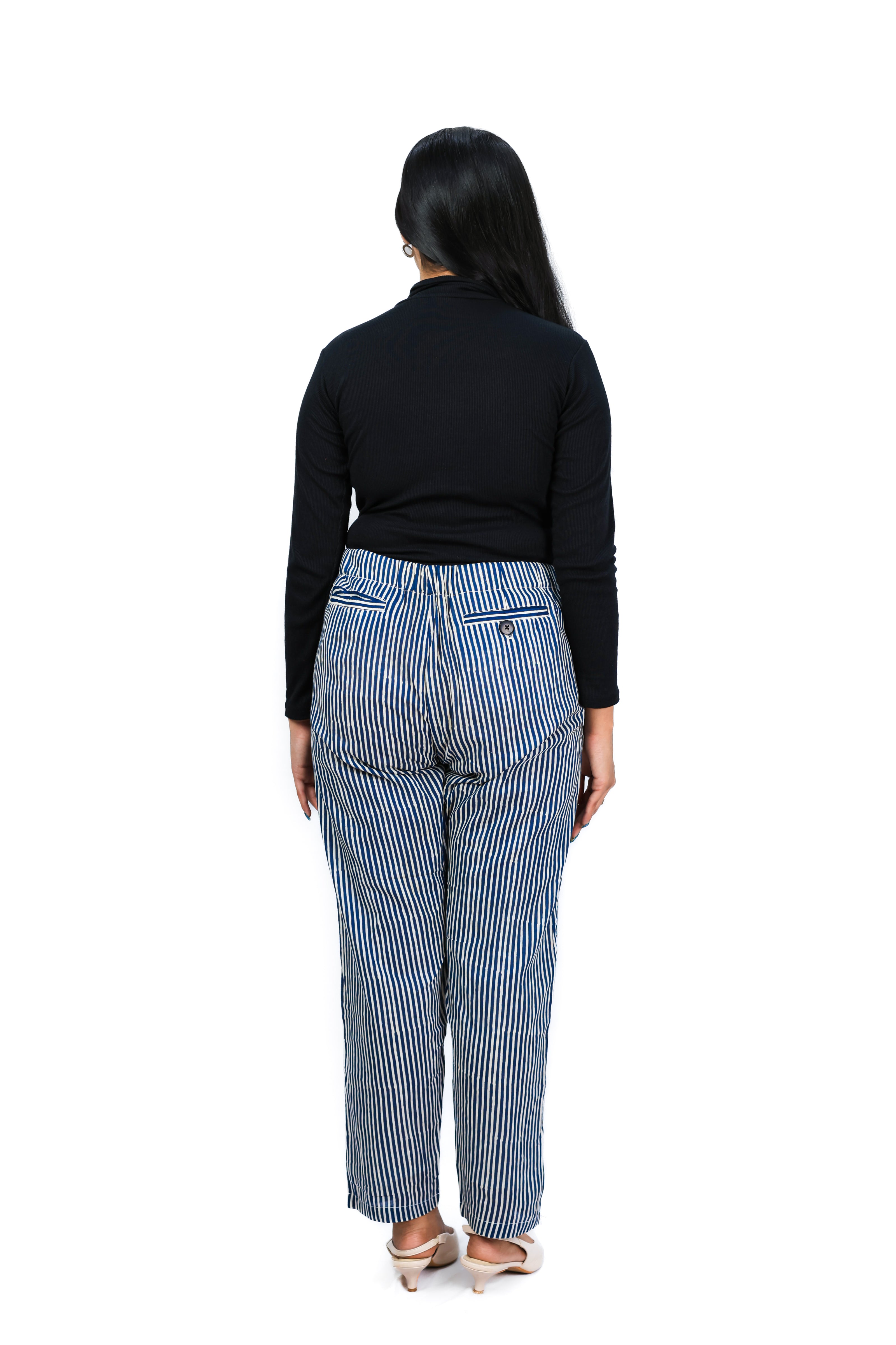 Hand Block Print Cotton Navy Blue & White Stripe Pants