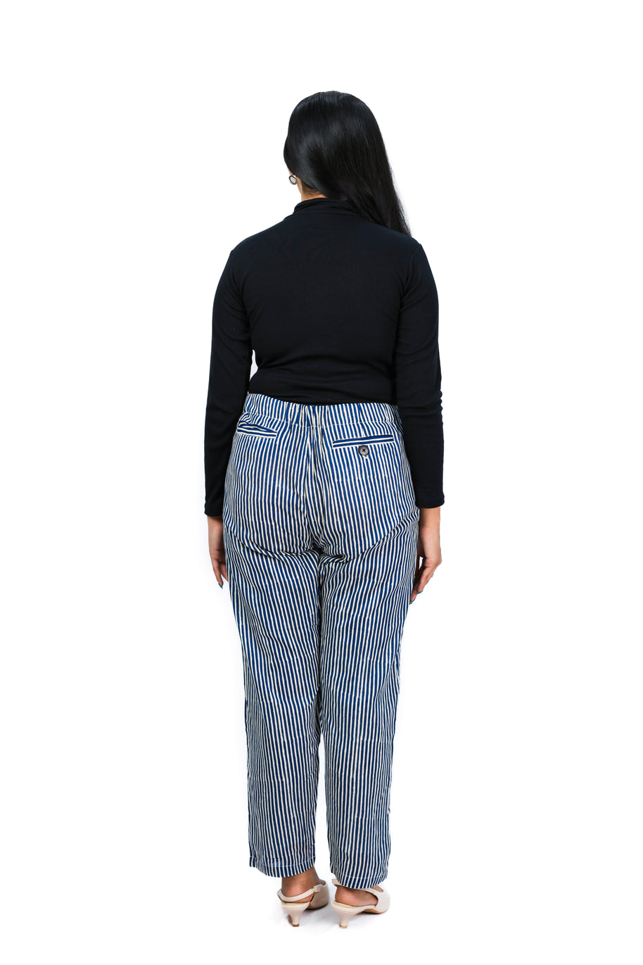 Hand Block Print Cotton Navy Blue & White Stripe Pants